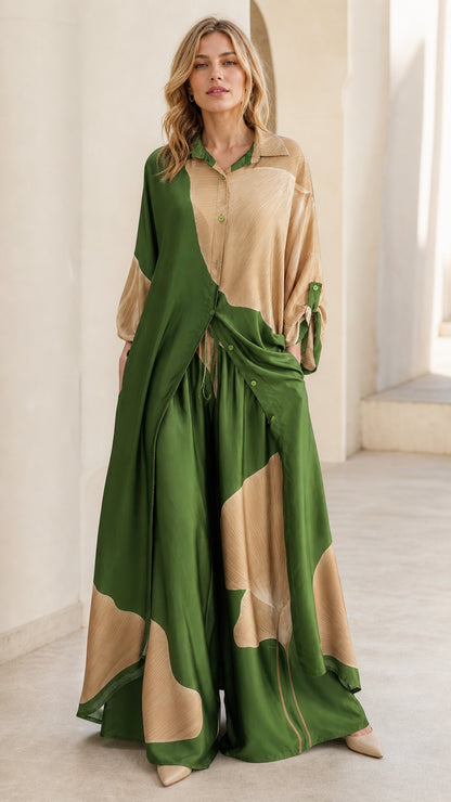 Front view of woman wearing green and beige two-piece shirt and wide-leg pants set