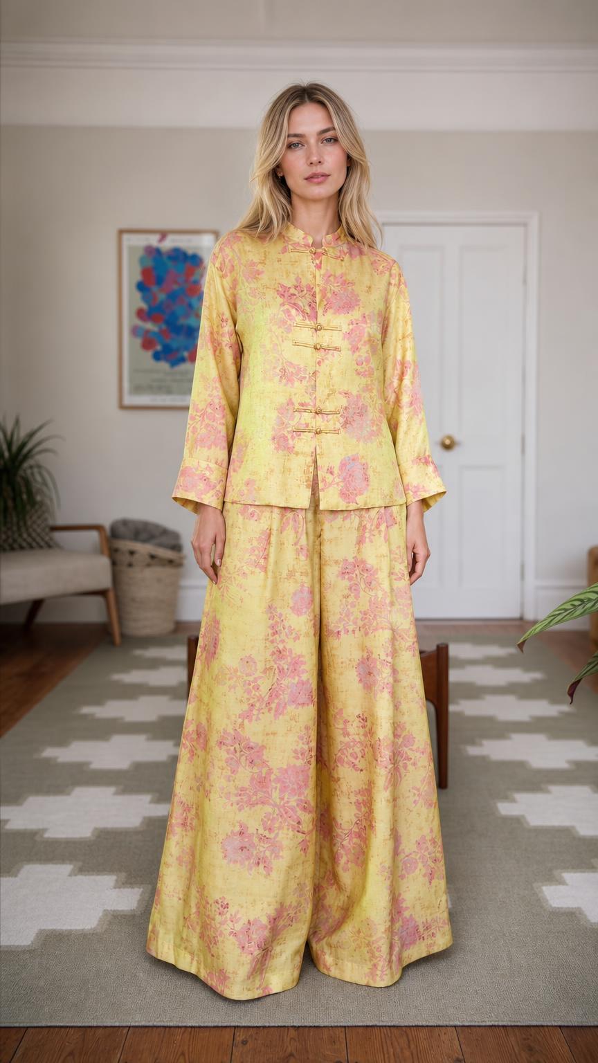 Front view of woman wearing yellow floral brocade two-piece set
