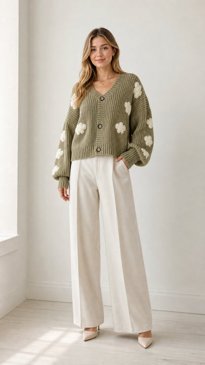 Front view of model wearing sage green chunky knit cardigan with white floral appliqués and white trousers