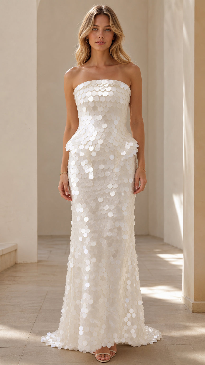 Front view of White strapless sequin peplum maxi dress