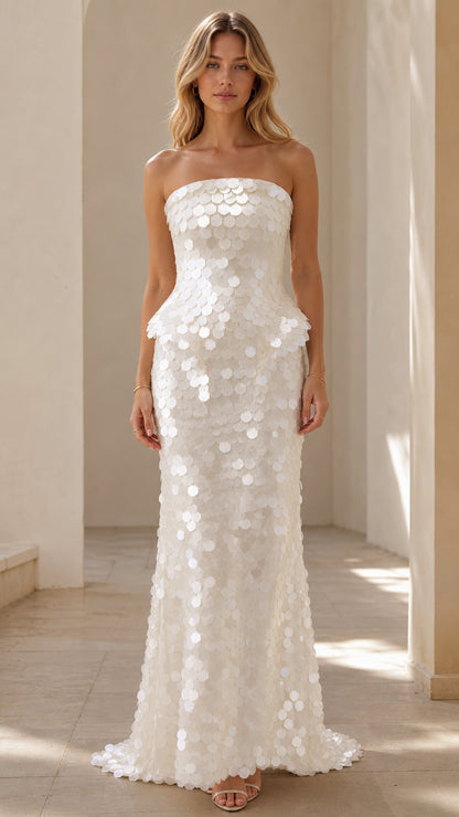 Front view of White strapless sequin peplum maxi dress