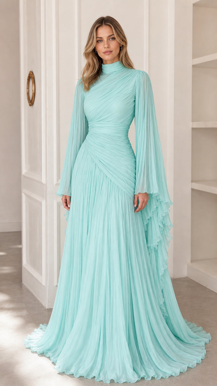 Front view of model wearing aqua blue pleated high neck maxi gown with long cape sleeves