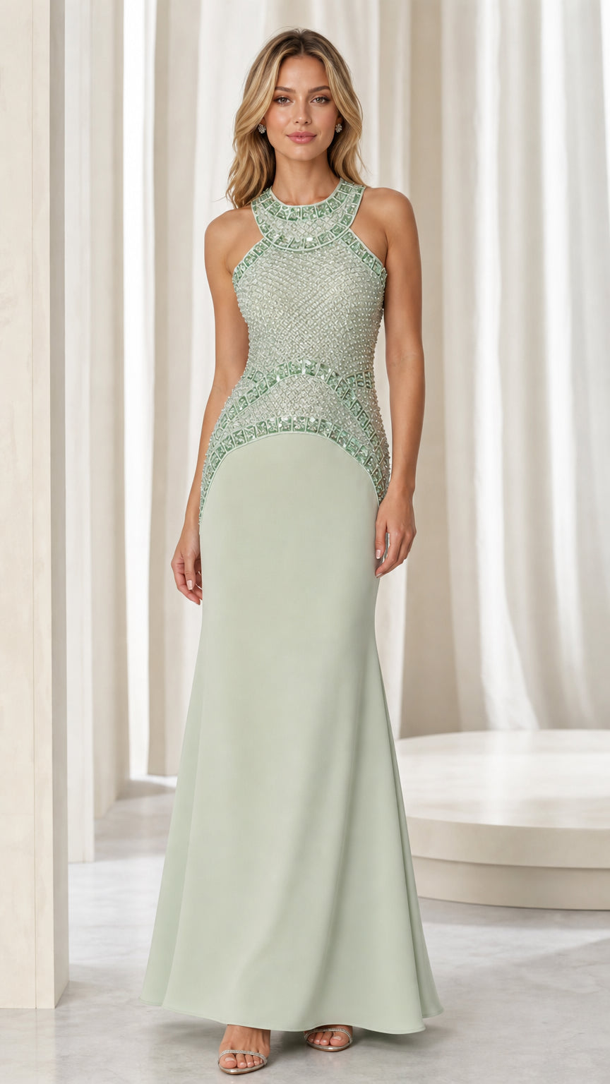 Full front view of sage green embellished halter evening gown