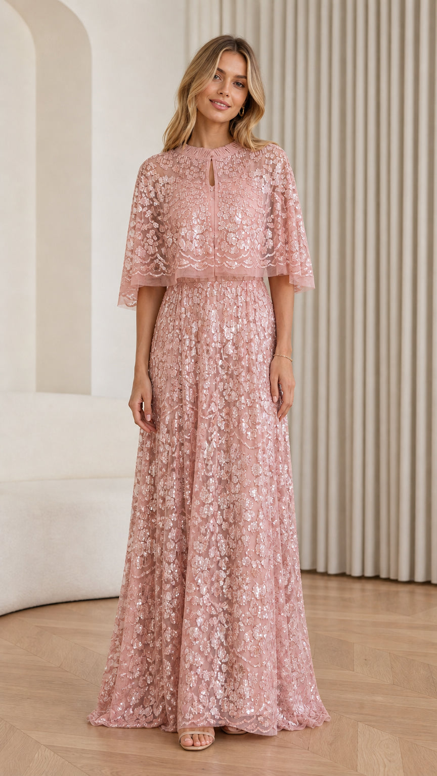 Front view of Dusty Rose sequin cape maxi dress on model