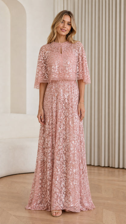 Front view of Dusty Rose sequin cape maxi dress on model