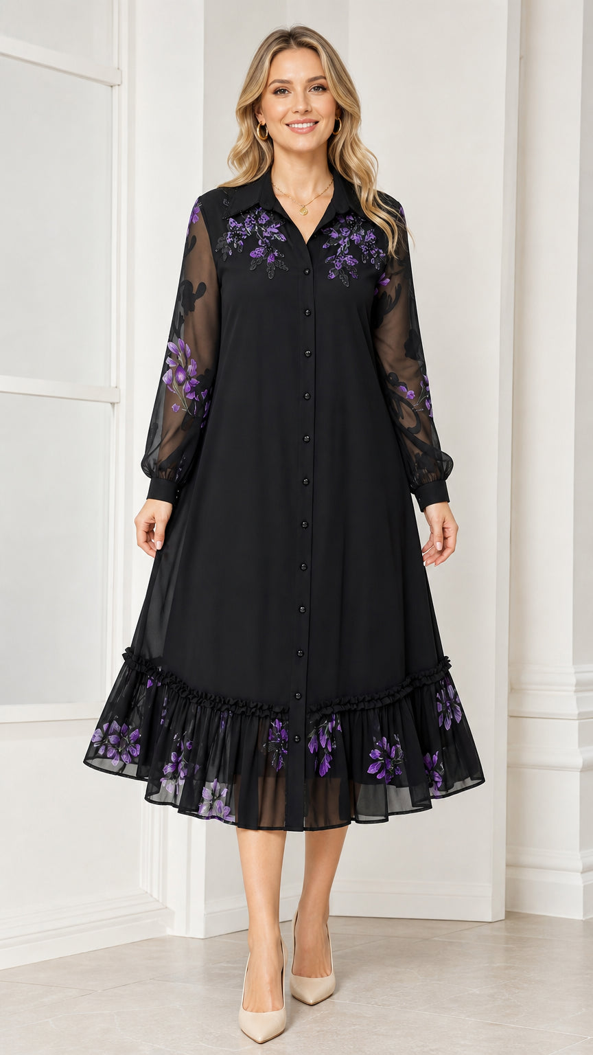 Front view of woman wearing black floral embroidered midi dress