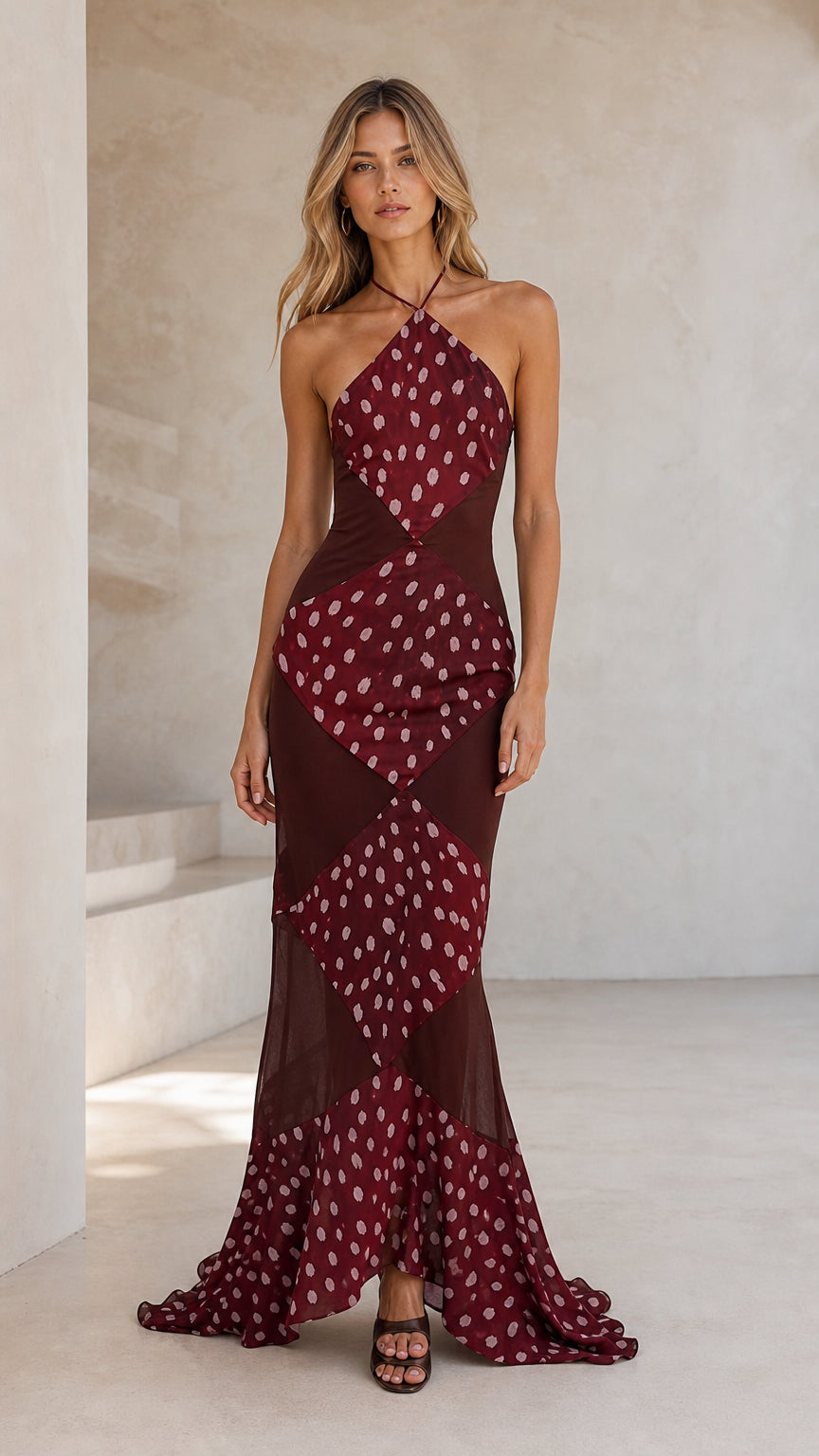 Front view of burgundy halter polka dot maxi dress