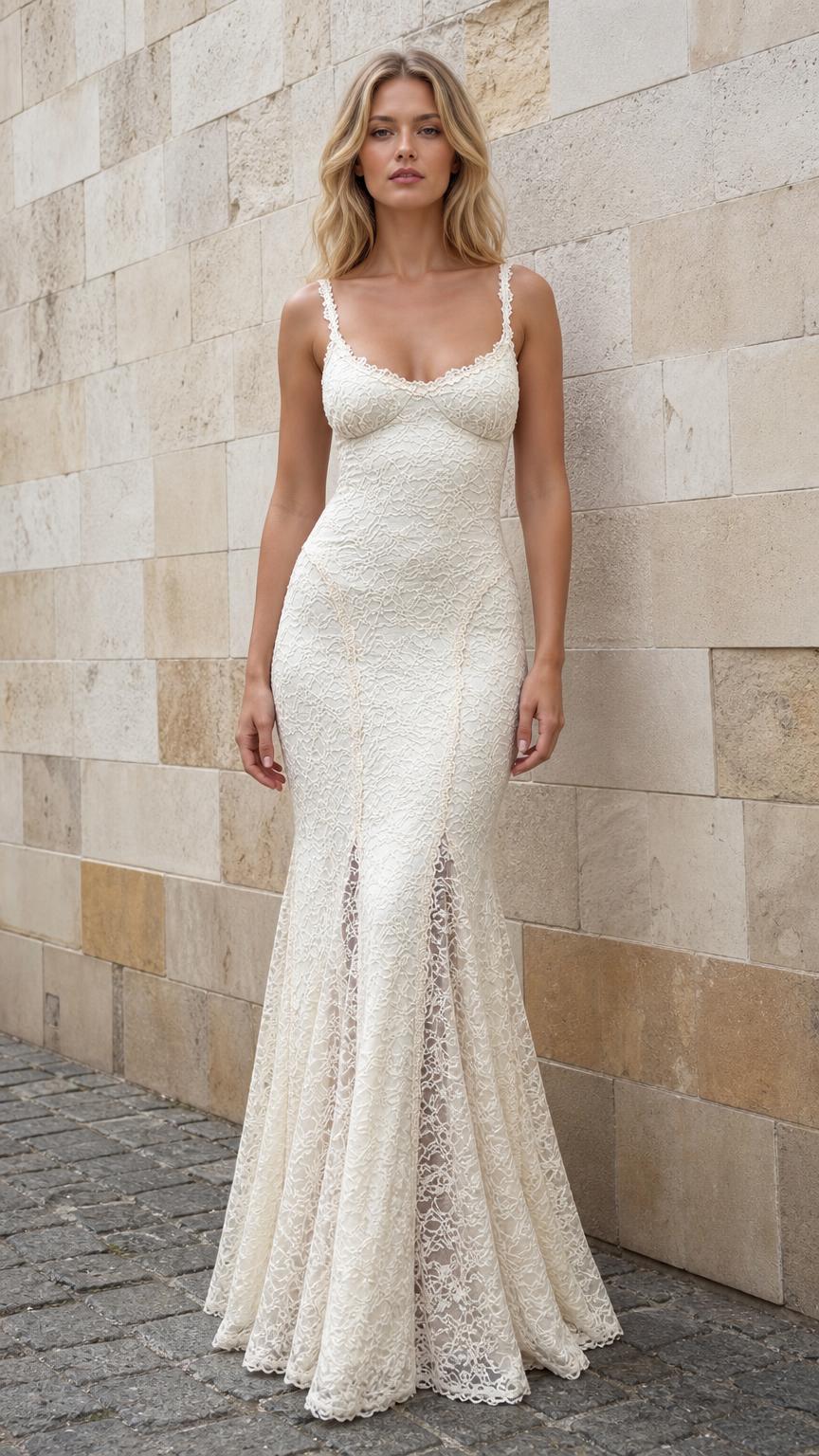 Front view of model wearing ivory lace mermaid maxi dress