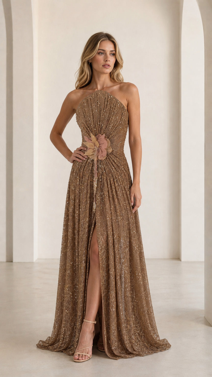 Front view of bronze sequin halter evening gown with floral waist detail