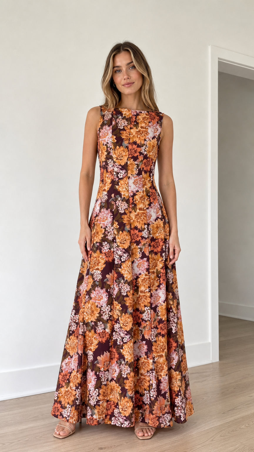 Front view of woman wearing burgundy floral print maxi dress
