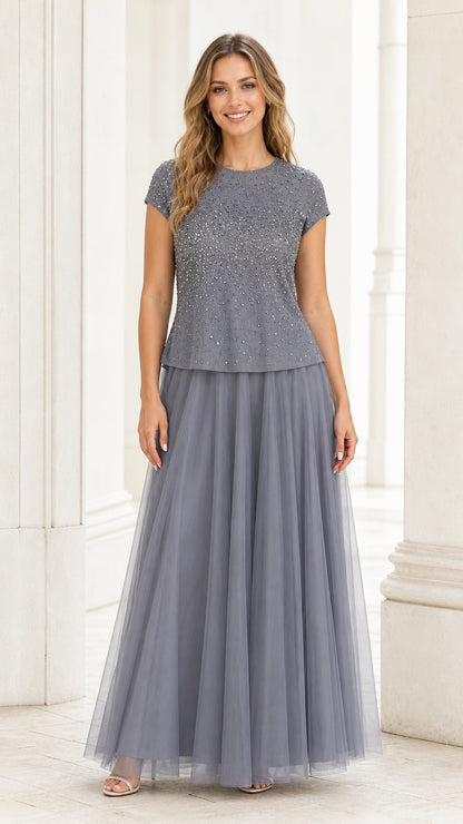 Full front view of the grey beaded bodice tulle maxi dress set