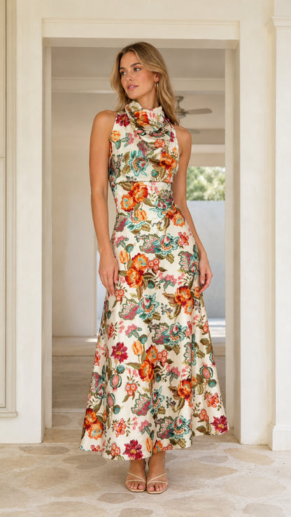 Front view of ivory floral high neck sleeveless maxi dress