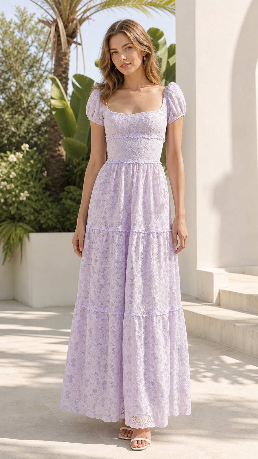 Front view of model wearing lilac lace tiered maxi dress
