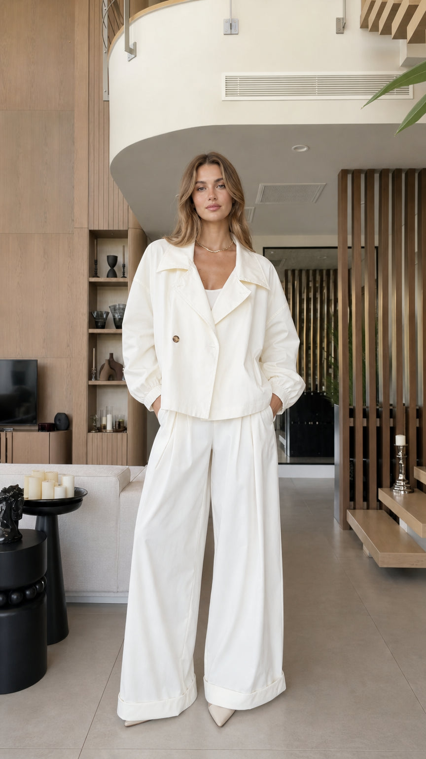 Front view of a woman wearing the white cropped blazer and wide-leg pants set
