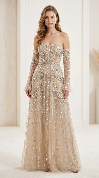 Front view of champagne glitter embellished evening gown on model