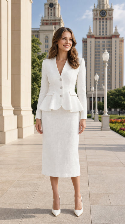 Front view of woman wearing white peplum blazer and midi pencil skirt set
