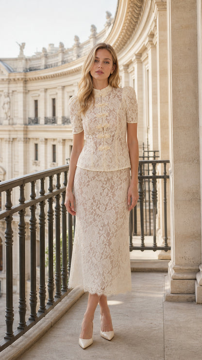 Full front view of model wearing cream floral lace two-piece midi set with mandarin collar