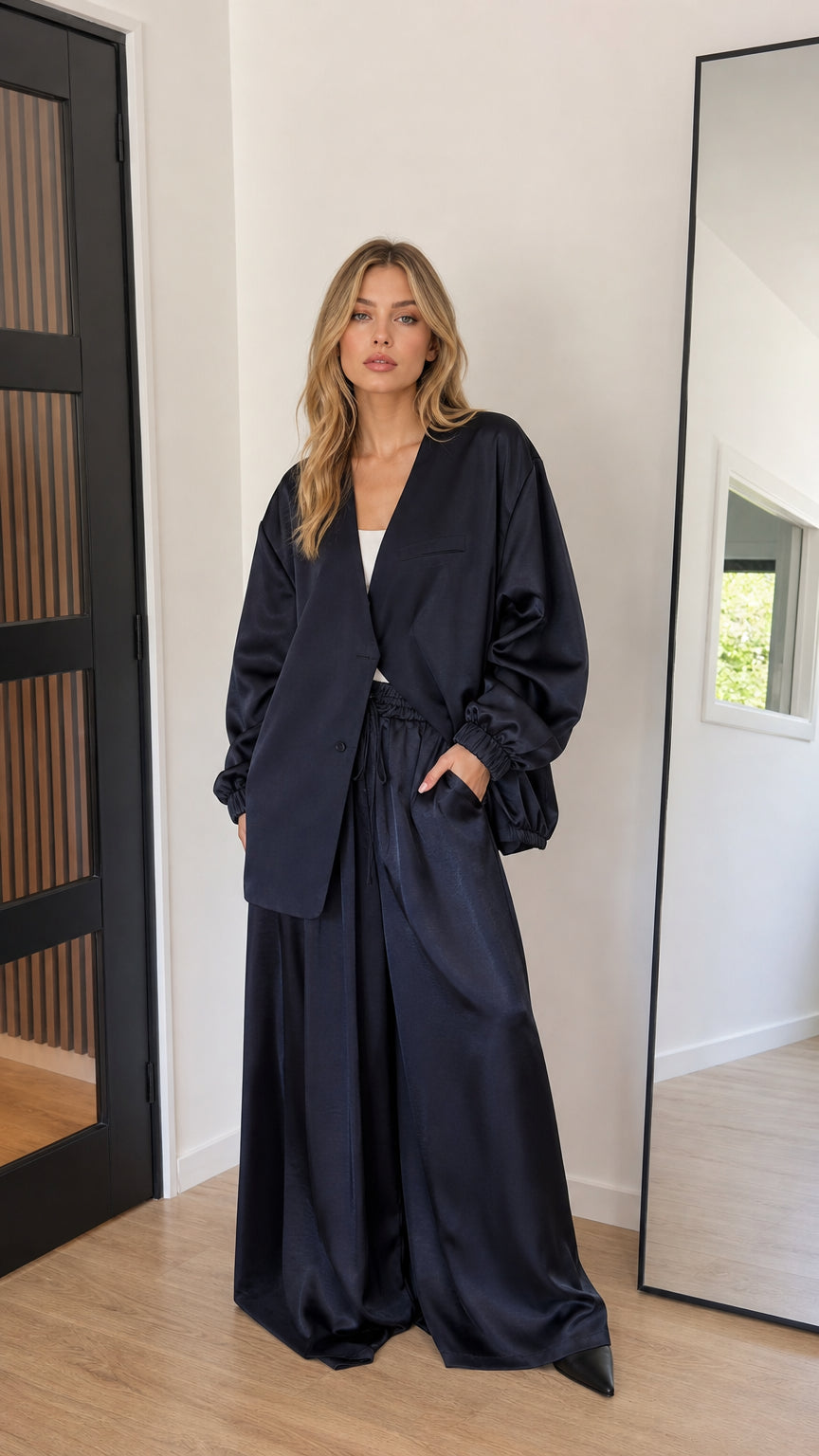 Navy blue satin two-piece jacket and wide-leg pant set front view