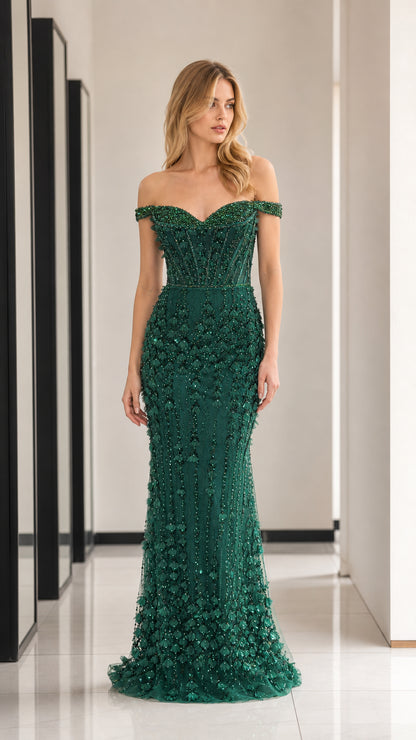 Emerald Green off-shoulder mermaid evening gown front view