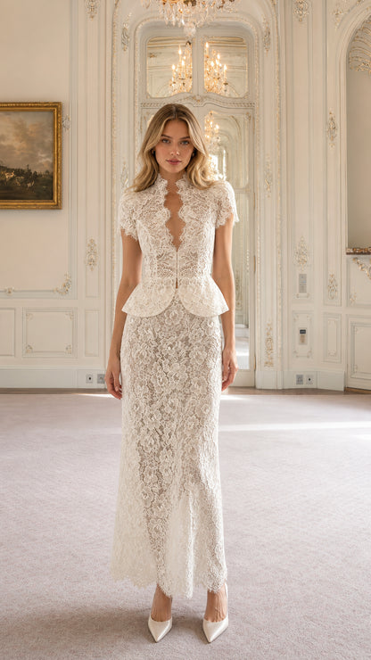Ivory floral lace peplum maxi dress with scalloped high neckline front view