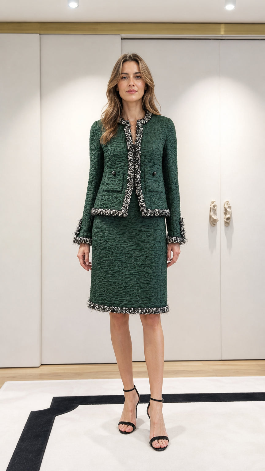 Model wearing green tweed jacket and skirt set, front view