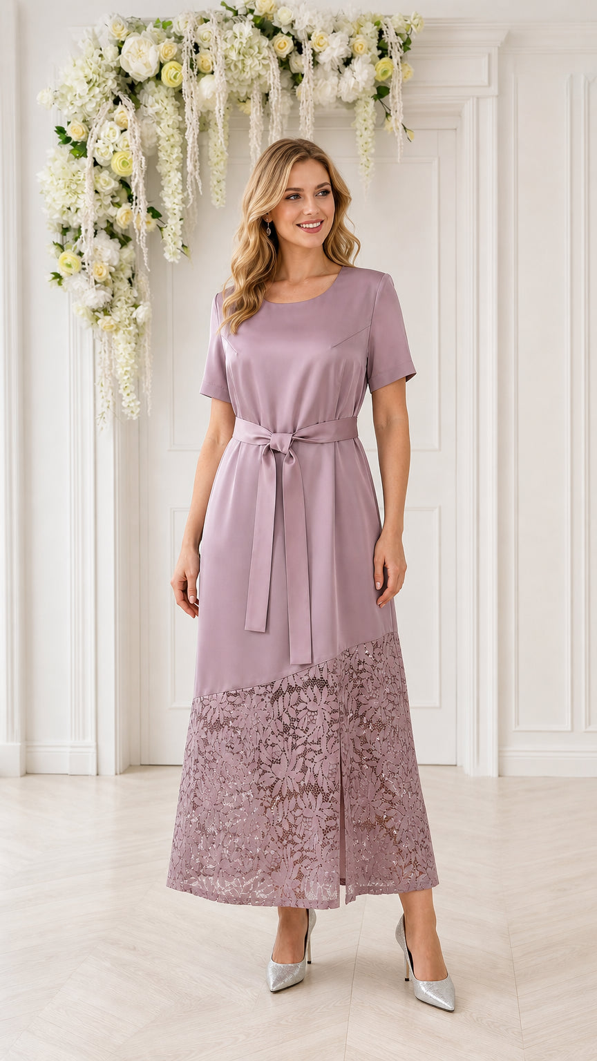 Model wearing mauve lace-trimmed midi dress, front view