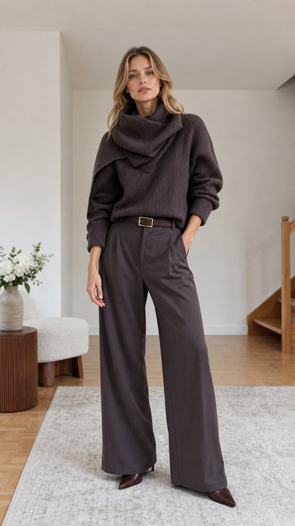 Front view of woman wearing dark brown asymmetric drape neck ribbed knit sweater with wide leg trousers
