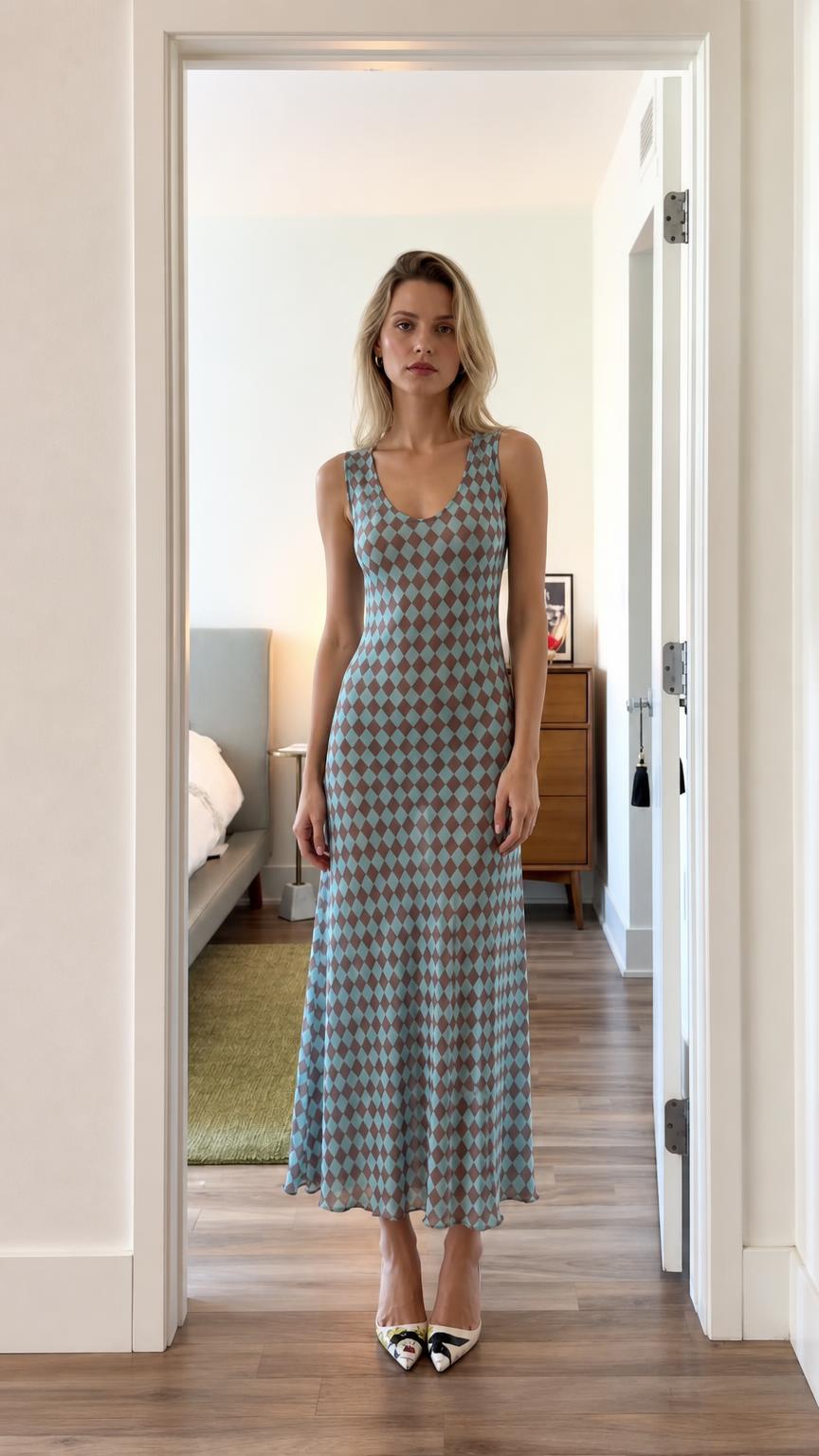 Front view of model wearing blue argyle sleeveless midi dress