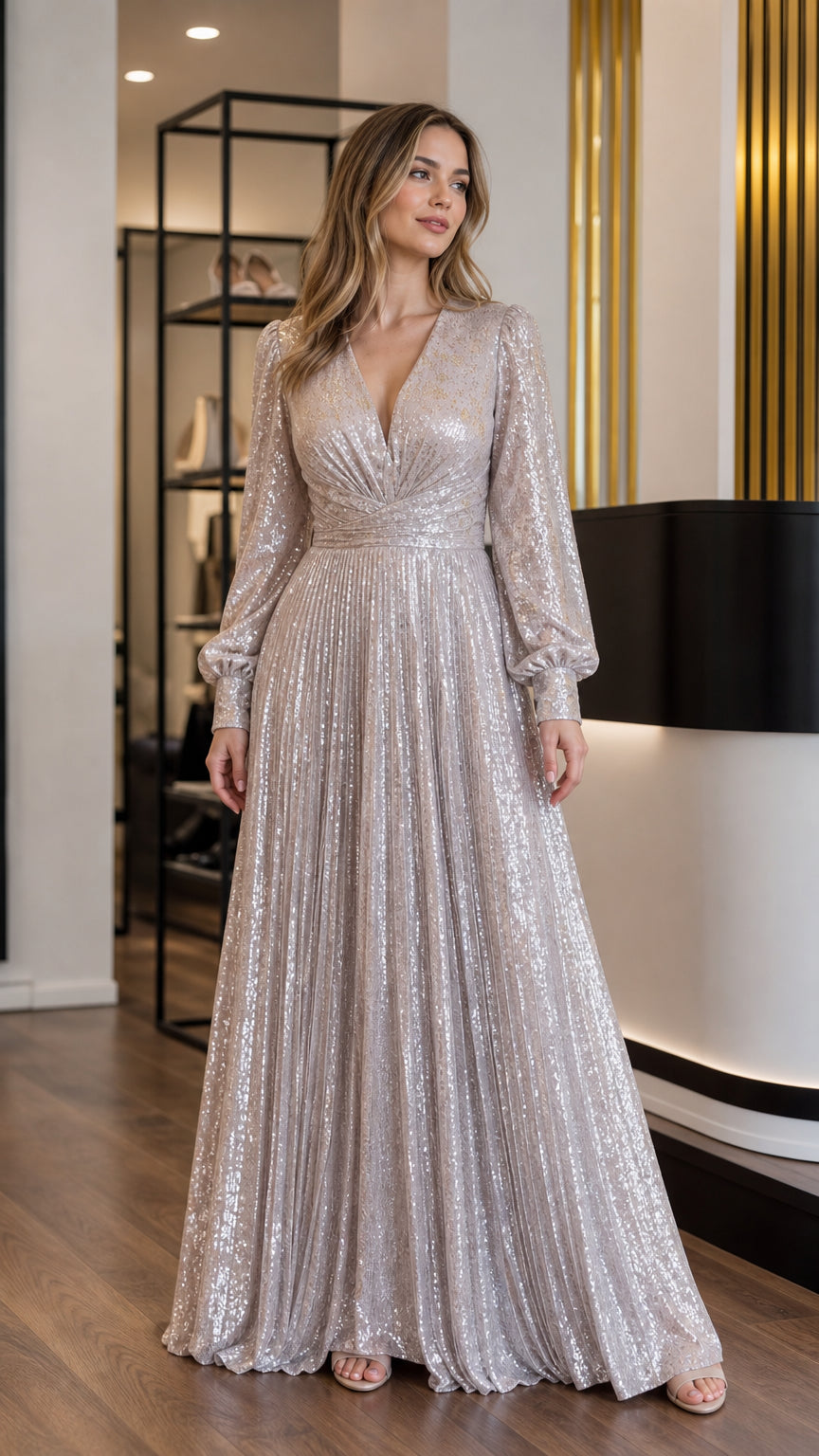 Silver pleated sequin long sleeve maxi evening gown front view
