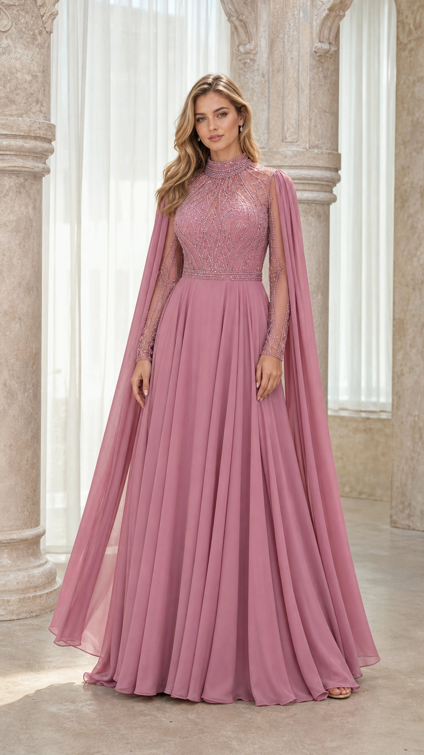Front view of pink beaded high-neck evening dress with cape sleeves
