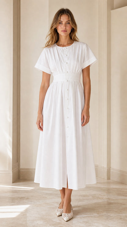 Model wearing white pleated button-front midi dress front view