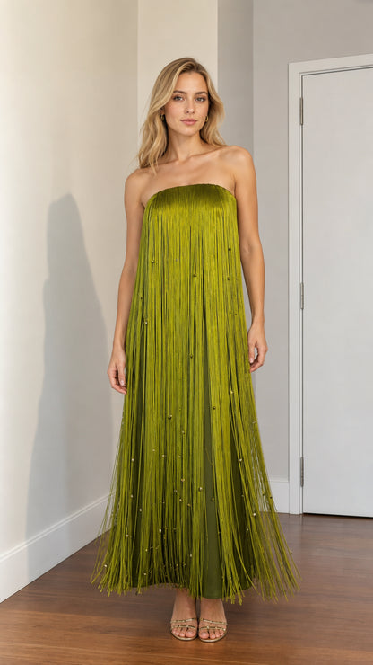 Front view of woman wearing olive green strapless beaded fringe maxi dress