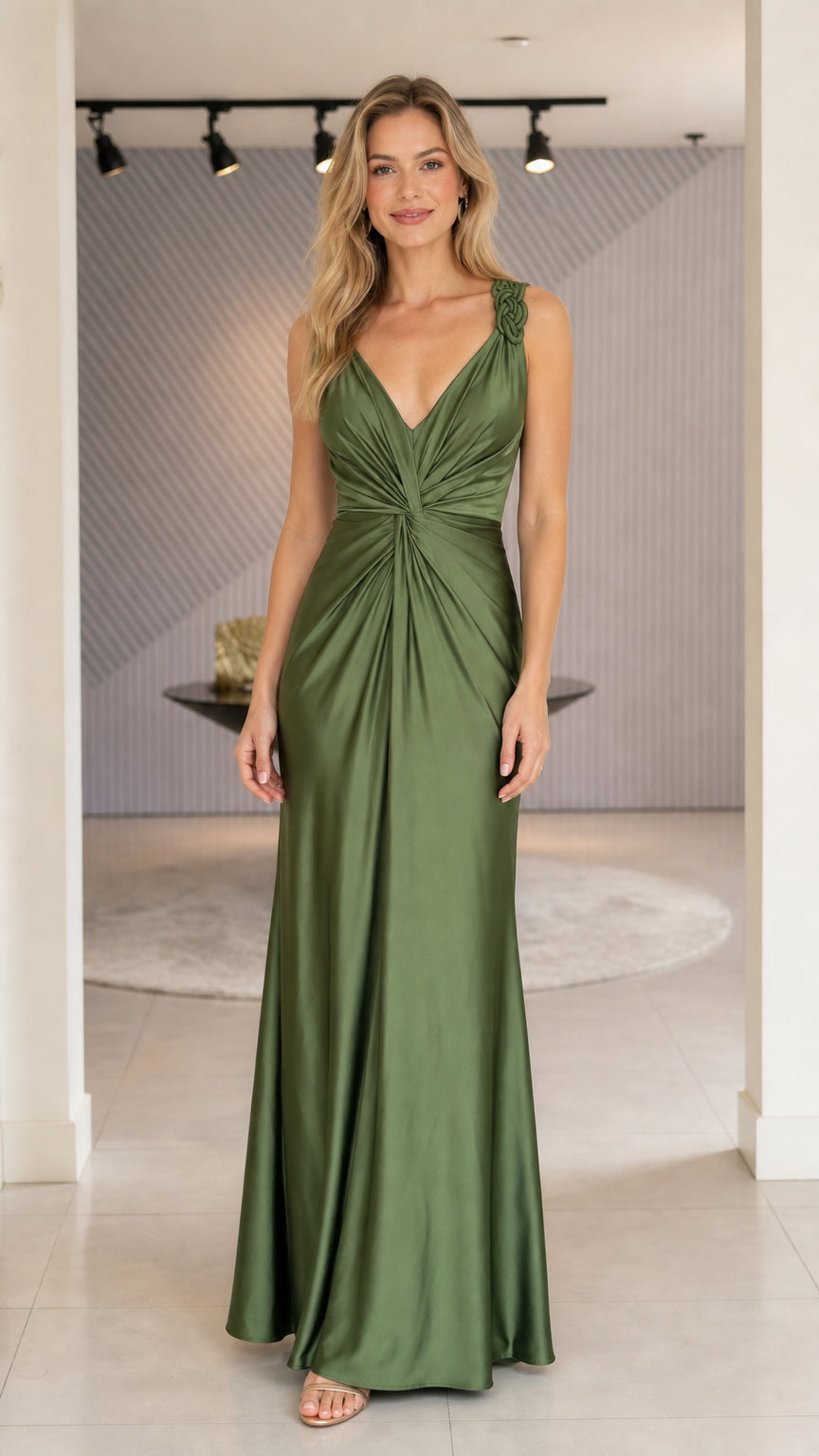 Model wearing olive green satin evening dress front view