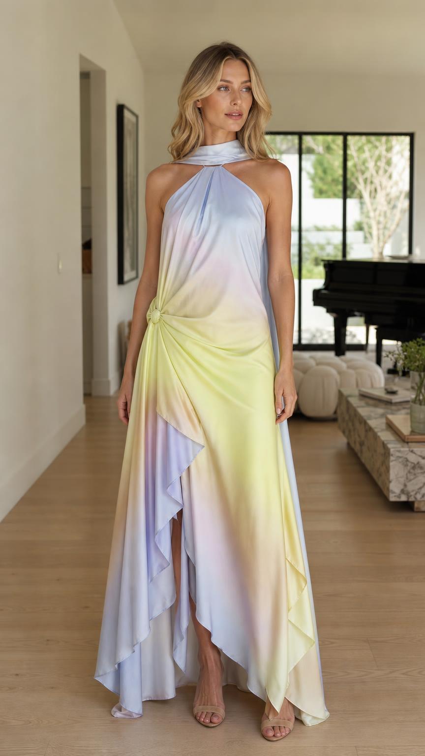 Model wearing multi ombre halter maxi dress from the front