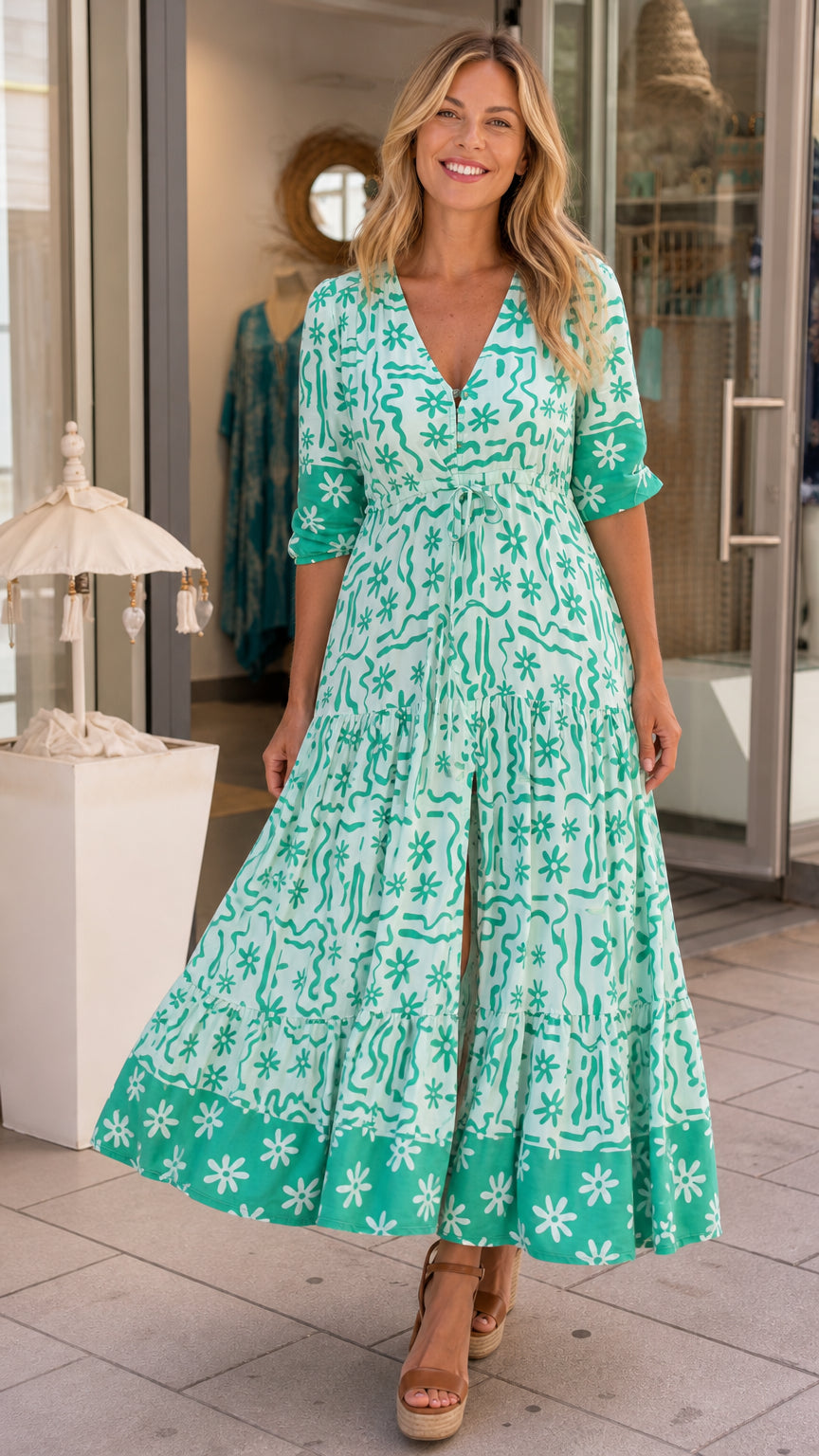 Front view of mint green boho tiered maxi dress