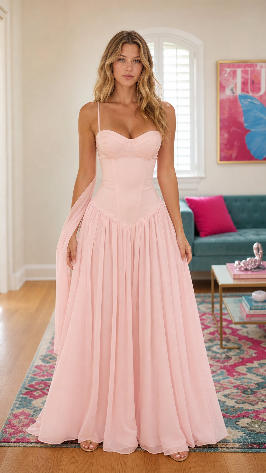 Front view of pink chiffon corset maxi dress