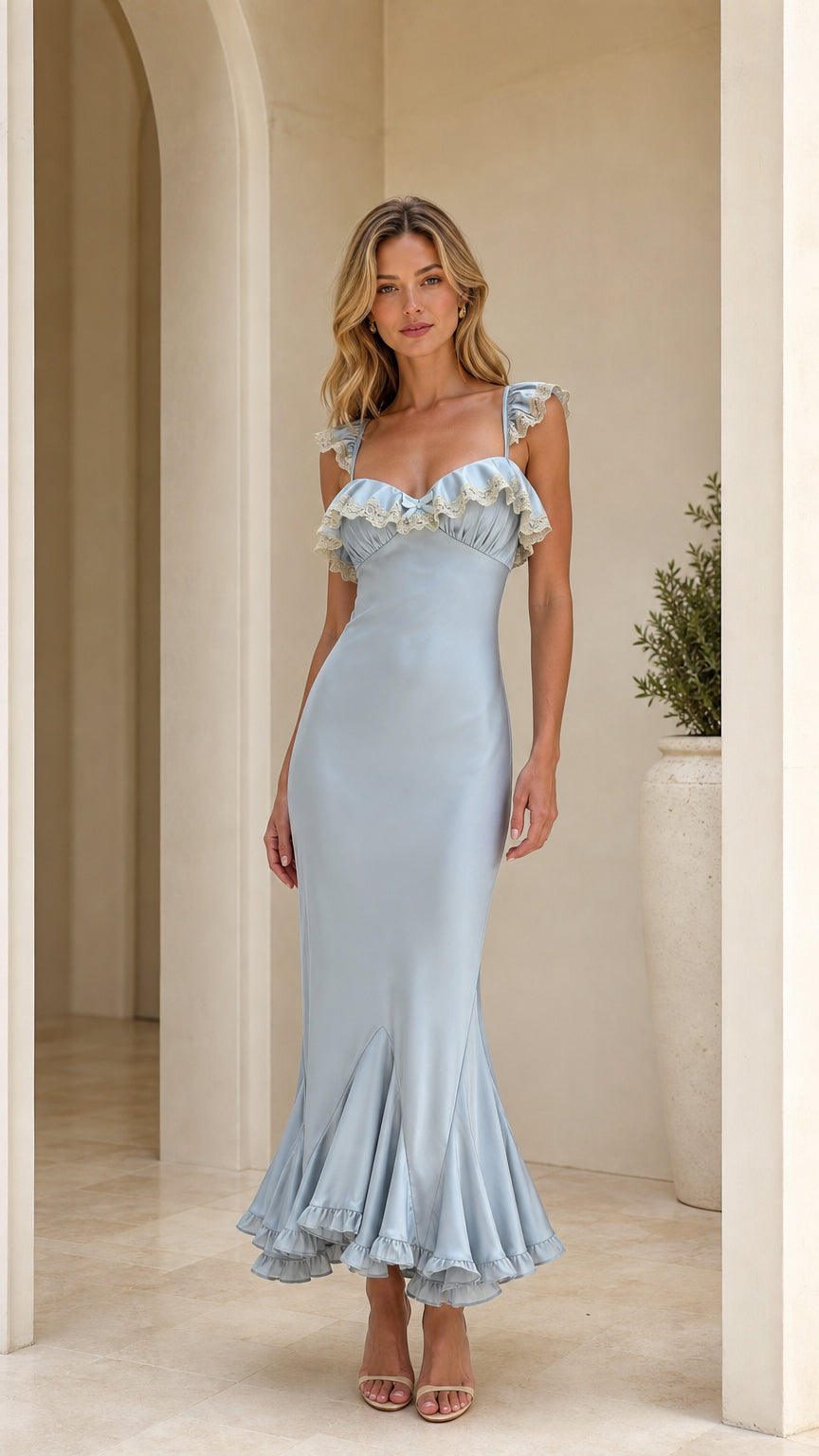 Model wearing light blue ruffle trim maxi dress front view