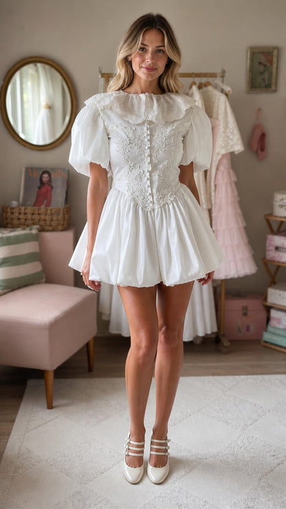 Model wearing white lace ruffle mini dress front view
