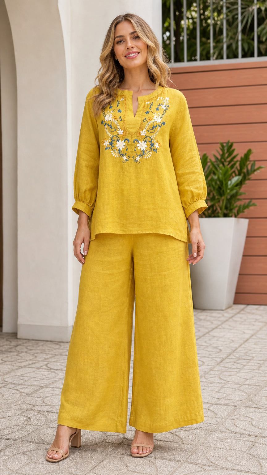 Front view of woman wearing yellow embroidered top and wide leg pants set