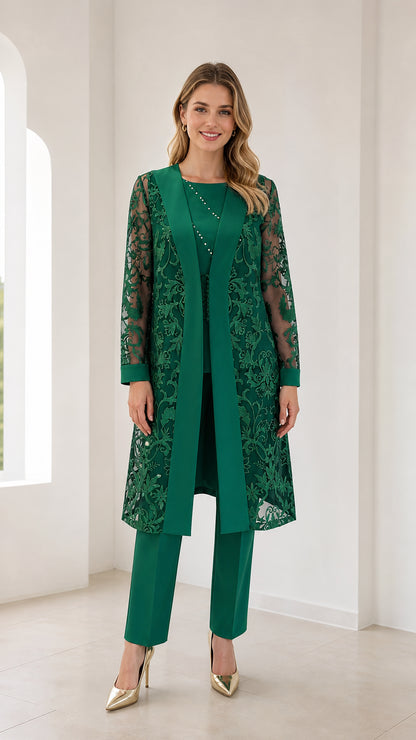 Model wearing green 3-piece lace duster jacket and pants set, front view