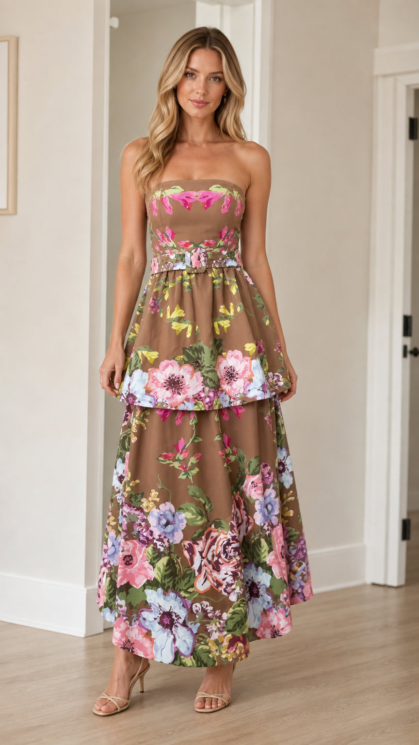 Front view of woman wearing brown floral strapless tiered maxi dress