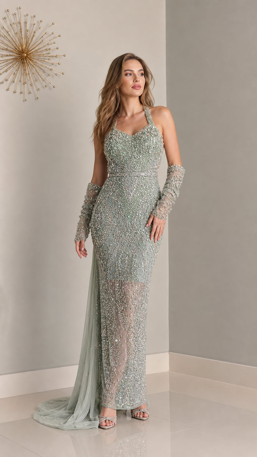 Front view of sage green embellished halter evening gown with matching sleeves