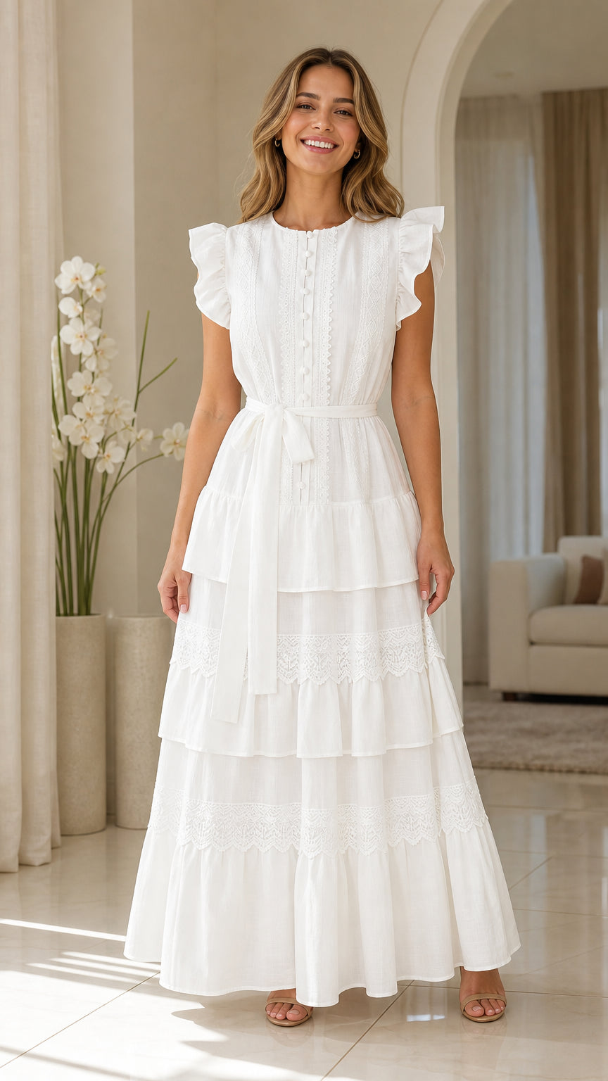 Front view of woman wearing white ruffle sleeve tiered maxi dress