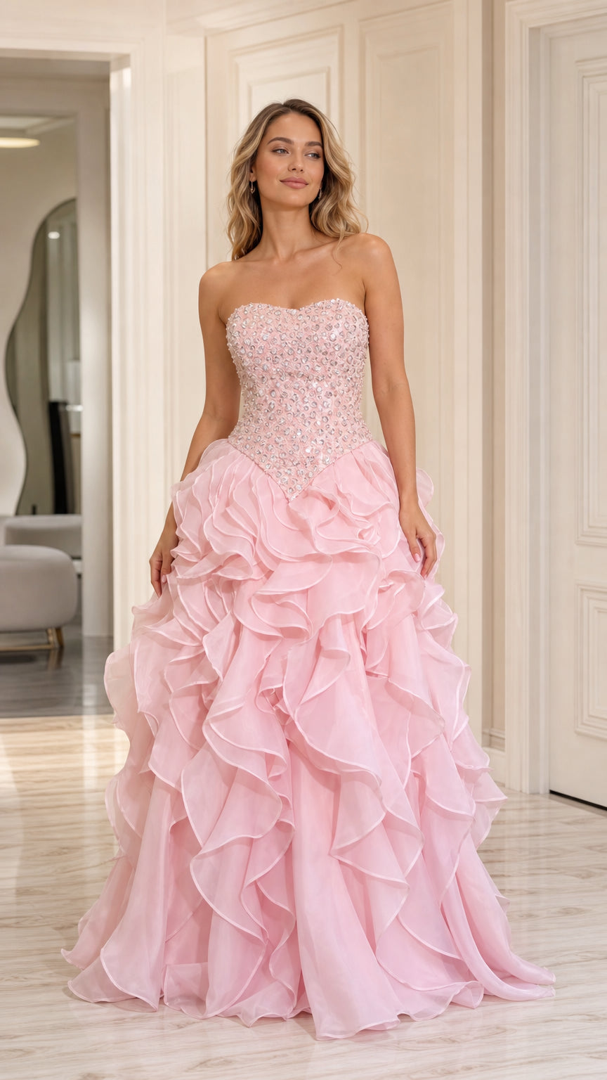 Front view of model wearing baby pink strapless beaded bodice tiered ruffle ball gown