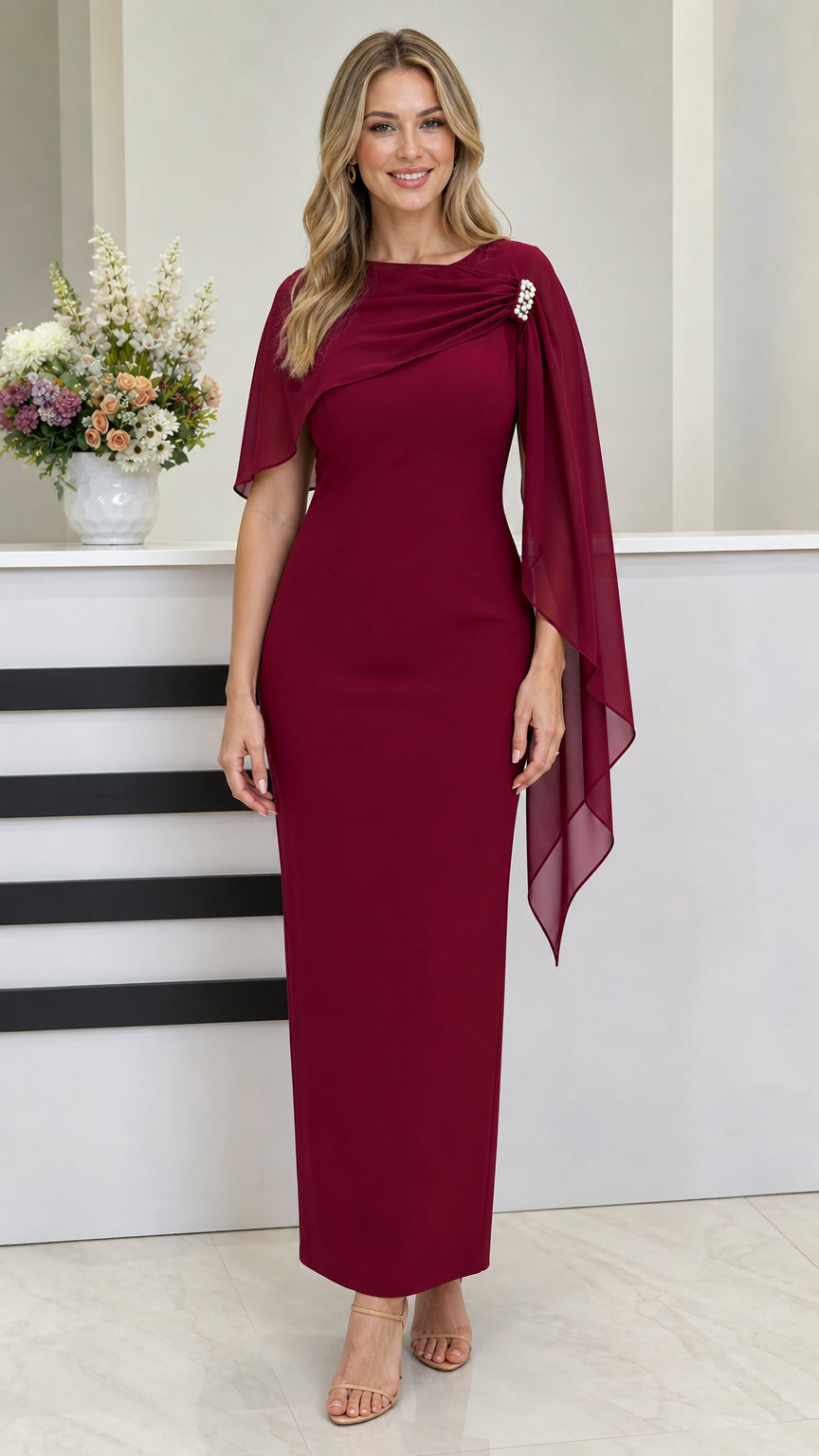 Front view of burgundy cape sleeve evening dress
