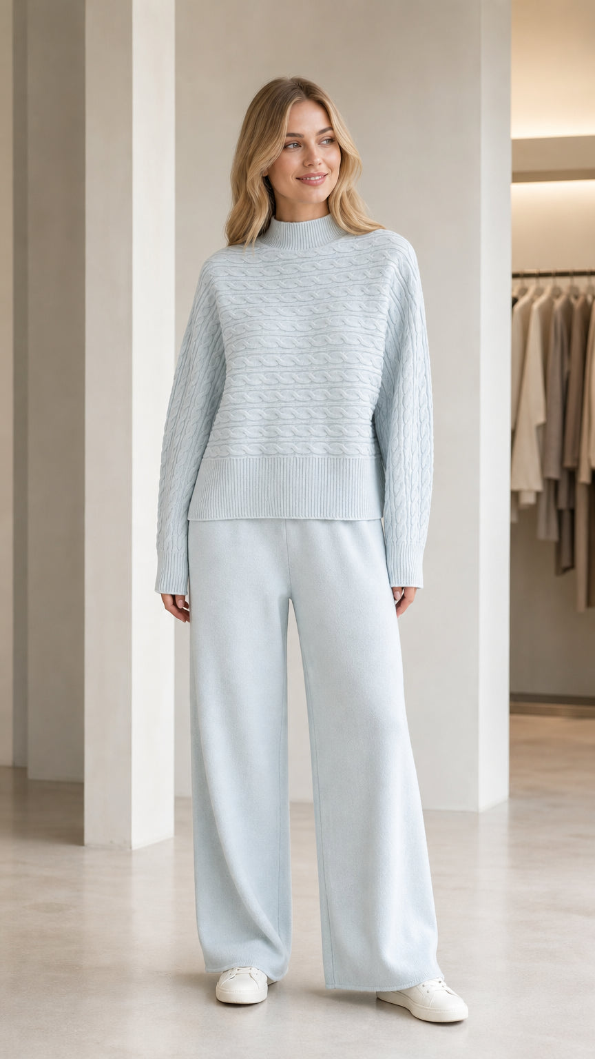 Full front view of model wearing light blue mock neck cable knit sweater with matching wide-leg knit pants