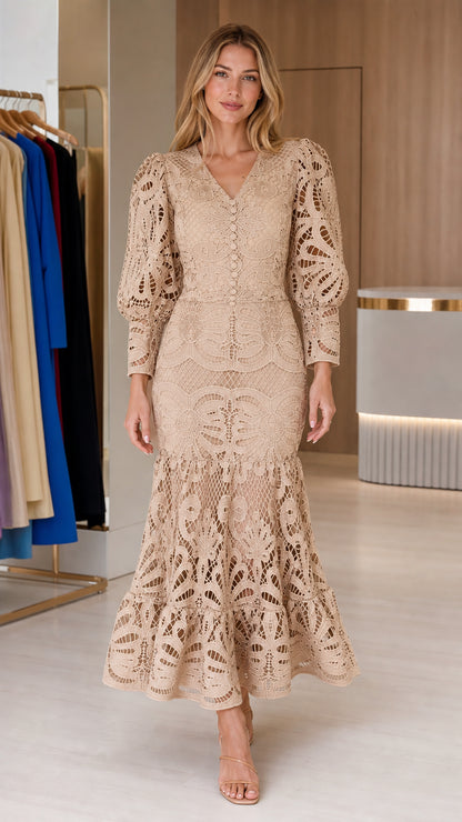 Front view of model wearing beige crochet lace midi dress