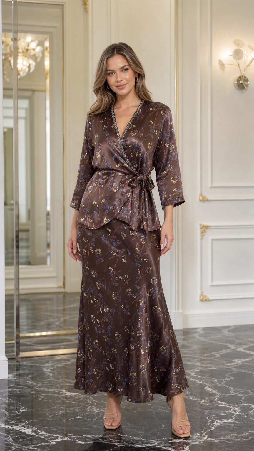 Model wearing brown satin floral wrap blouse and maxi skirt set