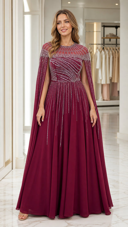 Front view of burgundy beaded capelet chiffon evening gown