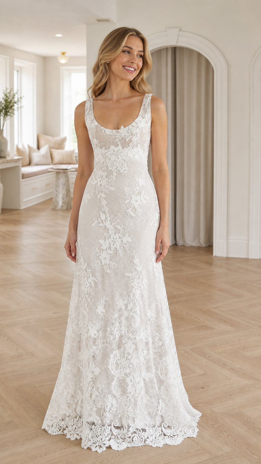 Front view of model wearing white floral lace formal long dress